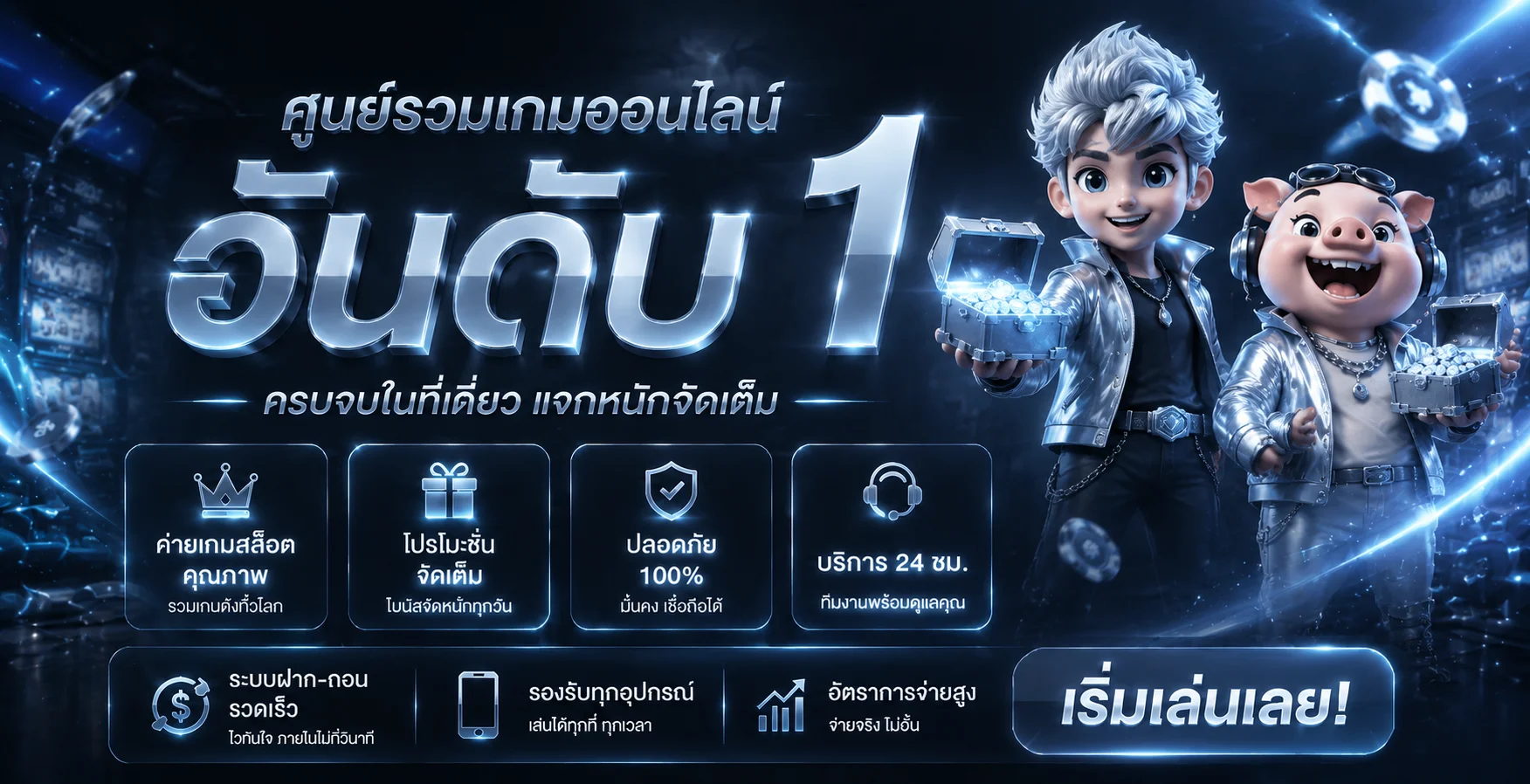 ภาพรวมบริการและหมวดเกมของ EASY88 โทนน้ำเงินทอง